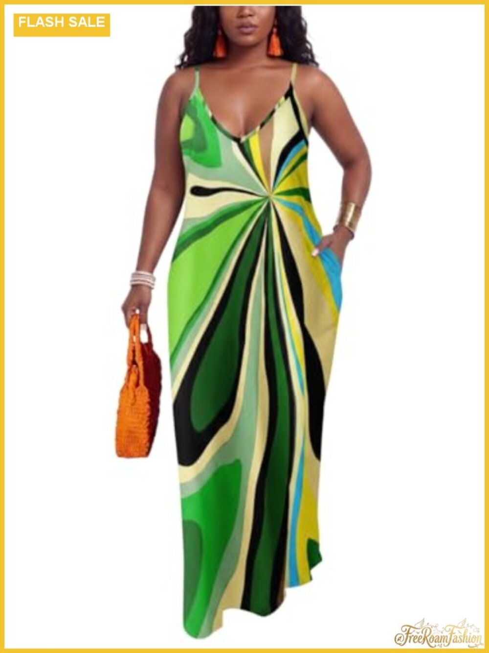Women's Summer V Neck Spaghetti Strap Boho Maxi Dress Floral Print with Pockets
